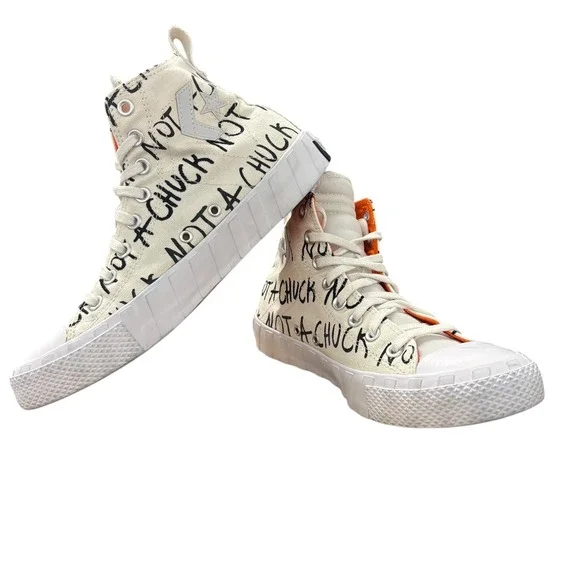 Converse High Top Sneakers Off-White with Black Script and Orange Accents - Picture 1 of 10